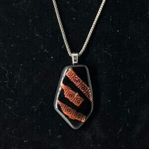 Handcrafted Fused Glass Pendant Necklace Black Copper Geometric Design